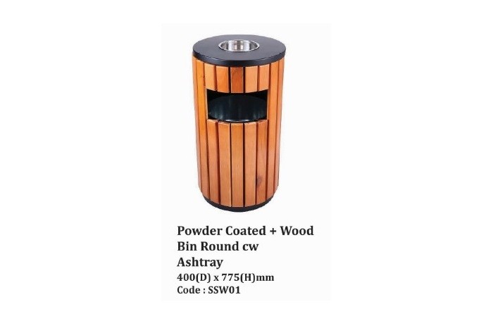 Powder Coated + Wood Bin Round cw Ashtray