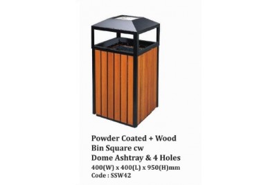 Powder Coated + Wood Bin Square cw Dome Ashtray & 4 Holes