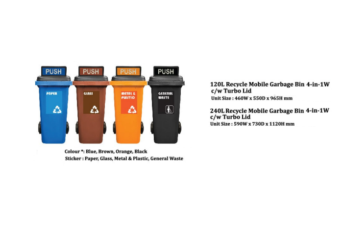 Recycle Mobile Garbage Bin 3 In 1 c/w Turbo Lid (120L / 240L / 360L)