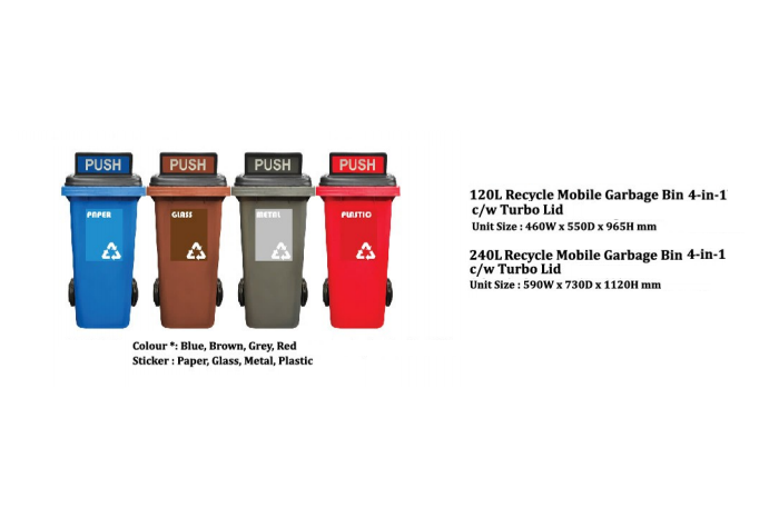 Recycle Mobile Garbage Bin 3 In 1 c/w Turbo Lid (120L / 240L / 360L)